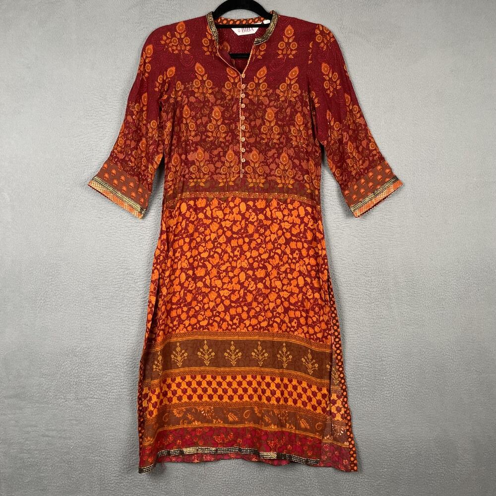 BiBA Dress Womens 34 M Orange Kaftan Midi 3/4 Sleeve Collared Button Cotton